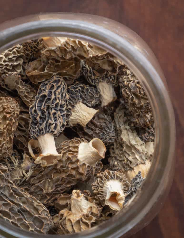 A jar of dried morel mushrooms