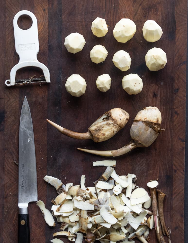 Peeling and cutting wapato tubers Sagittaria latifollia