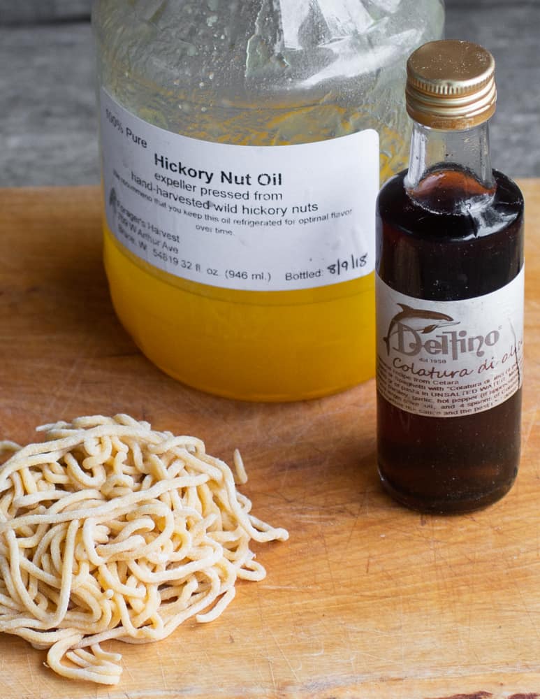 Fresh spaghetti with colatura and hickory nut oil 