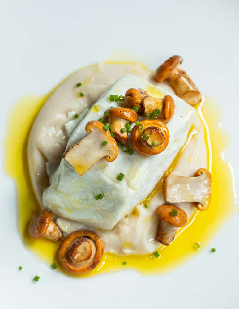 Halibut with white bean puree and hickory nut oil