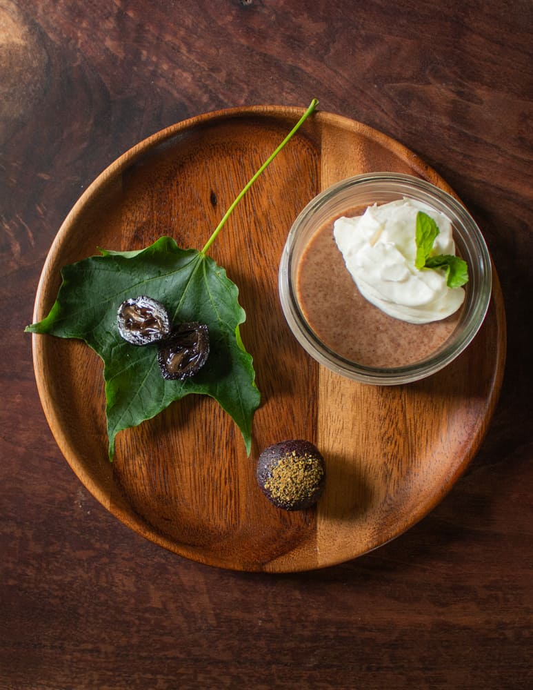 Shagbark hickory nut pot du creme, candied black walnuts and fruit truffle