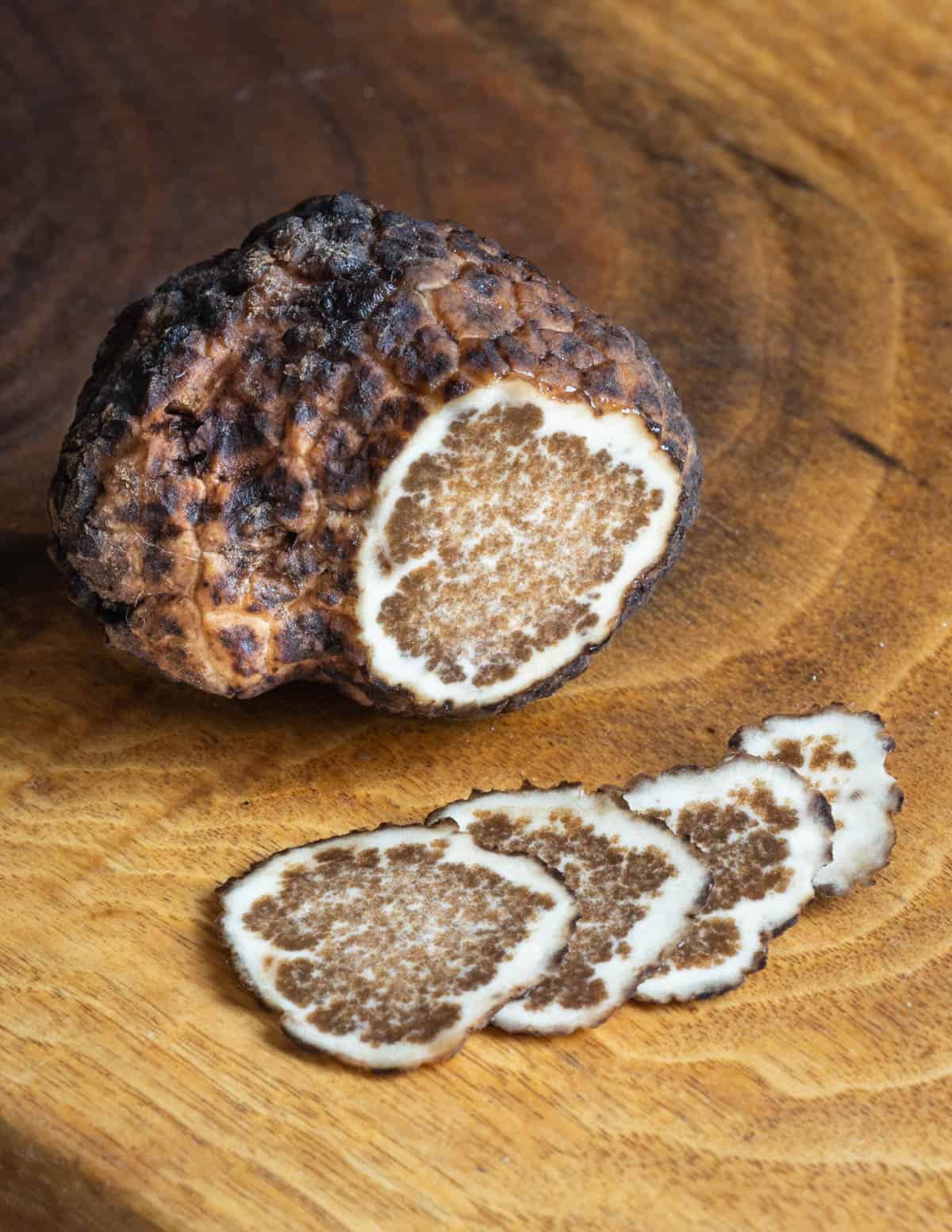 sliced blue ridge truffles fanned out on a board