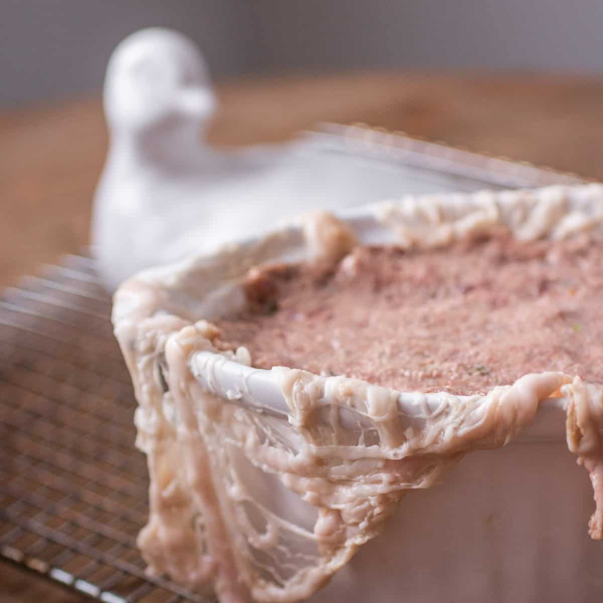 chicken terrine in caul fat in a bird shaped dish