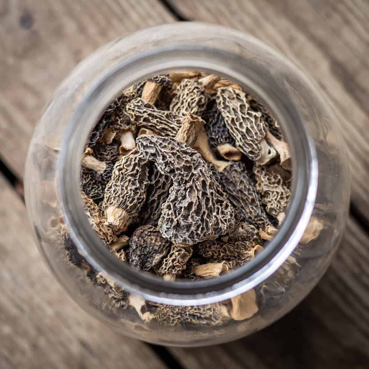 a jar of dried morel mushrooms