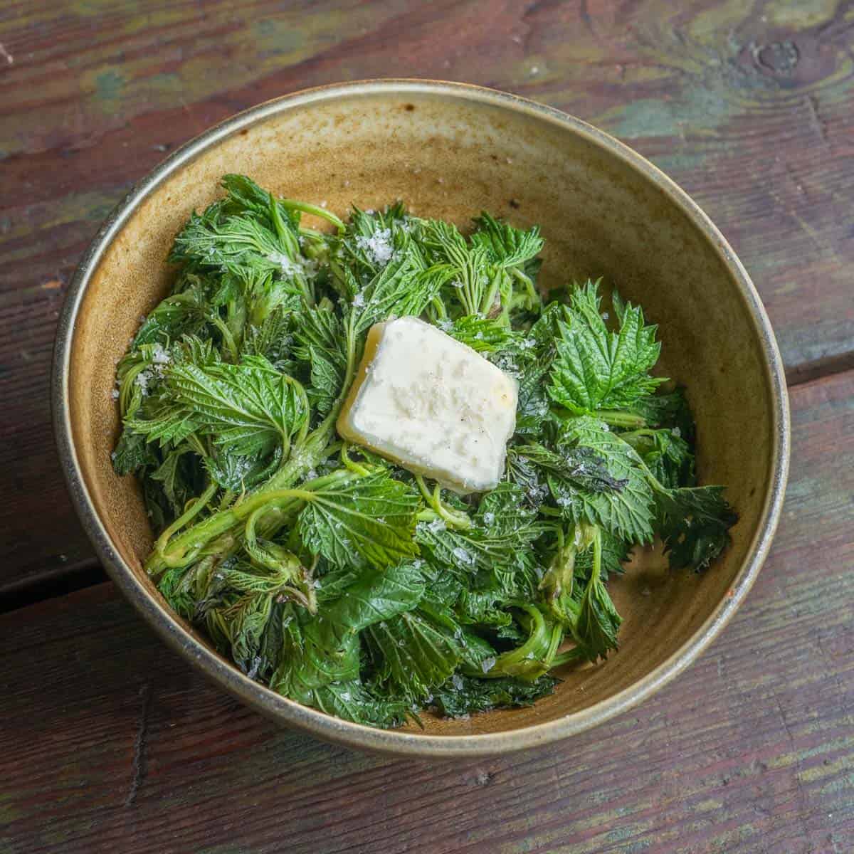 steamed stinging nettles in a bowl with butter