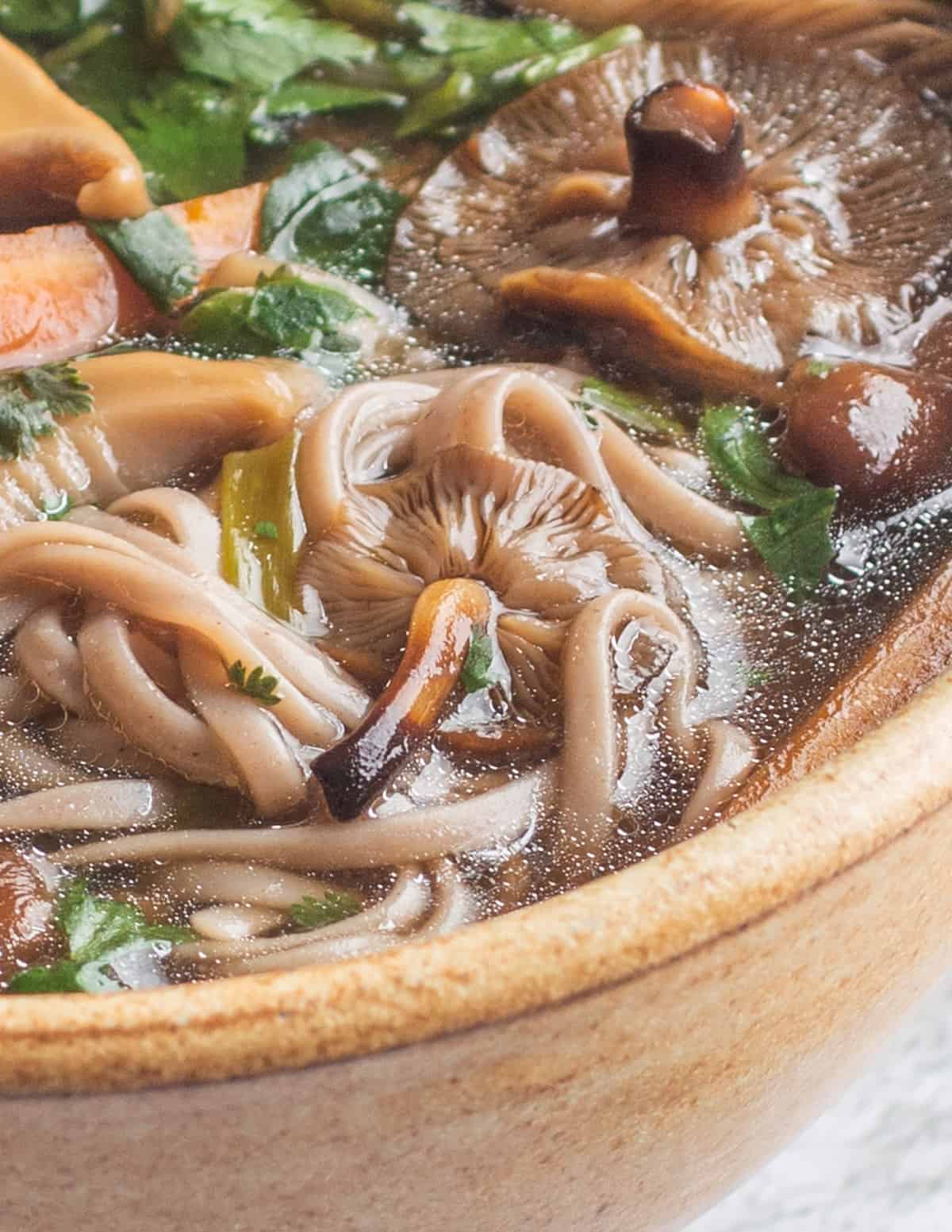 close up of wild enoki mushrooms in broth