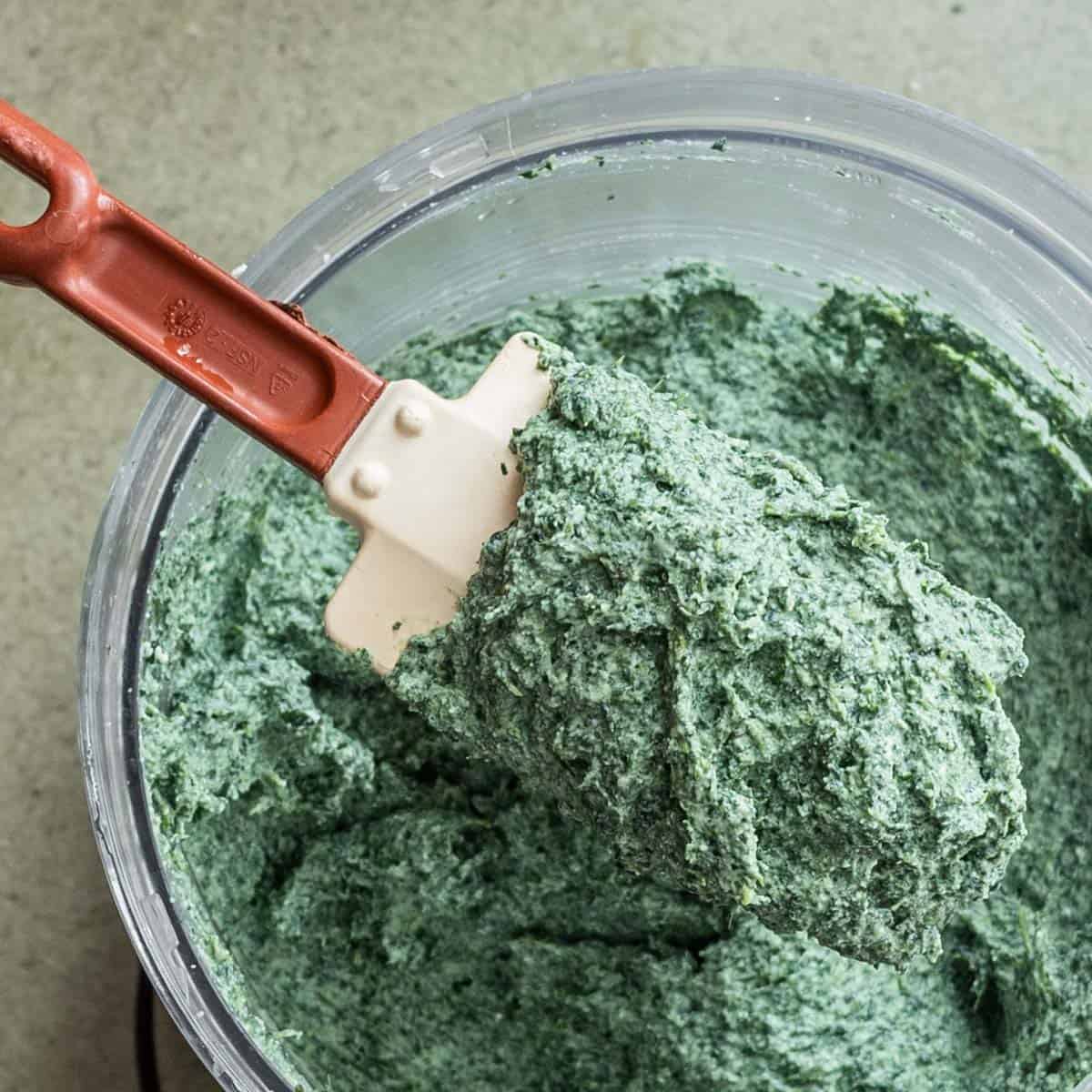 green pasta filling in a food processor