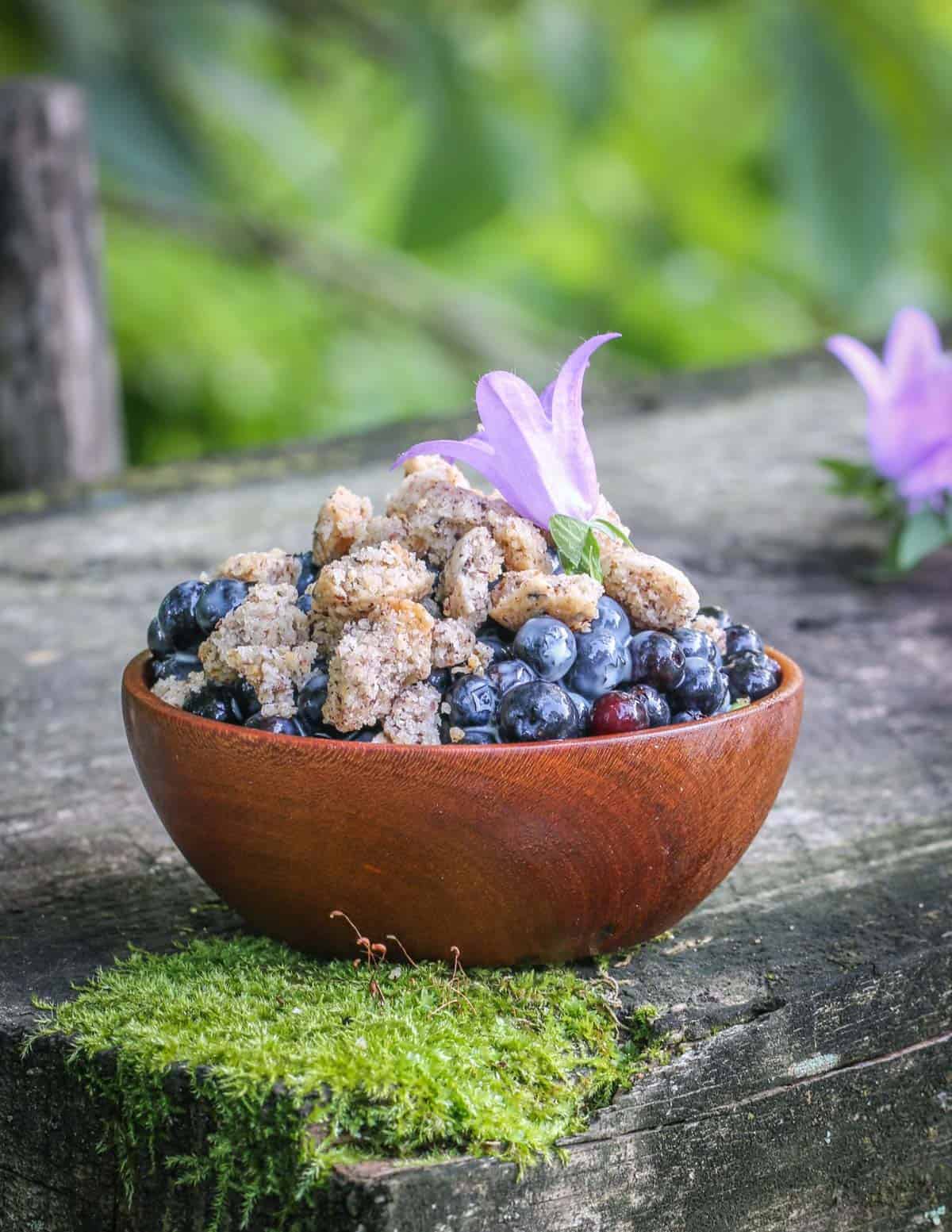 a bowl of wild blueberries with sauce and crushed cookies