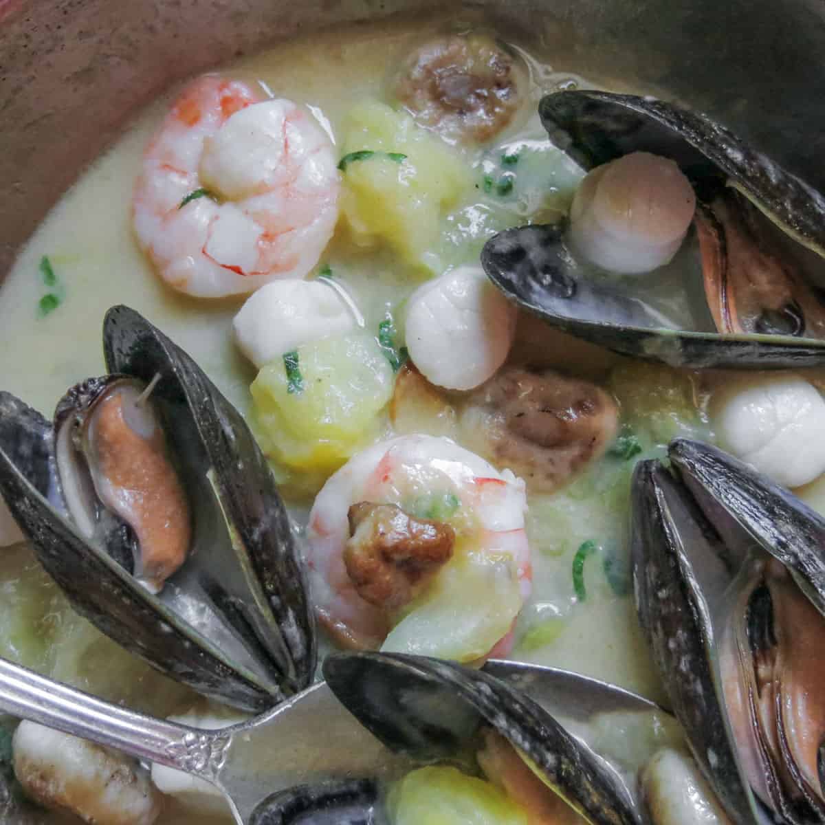 a pan of cooked shrimp, mussels and bay scallops with mushrooms 