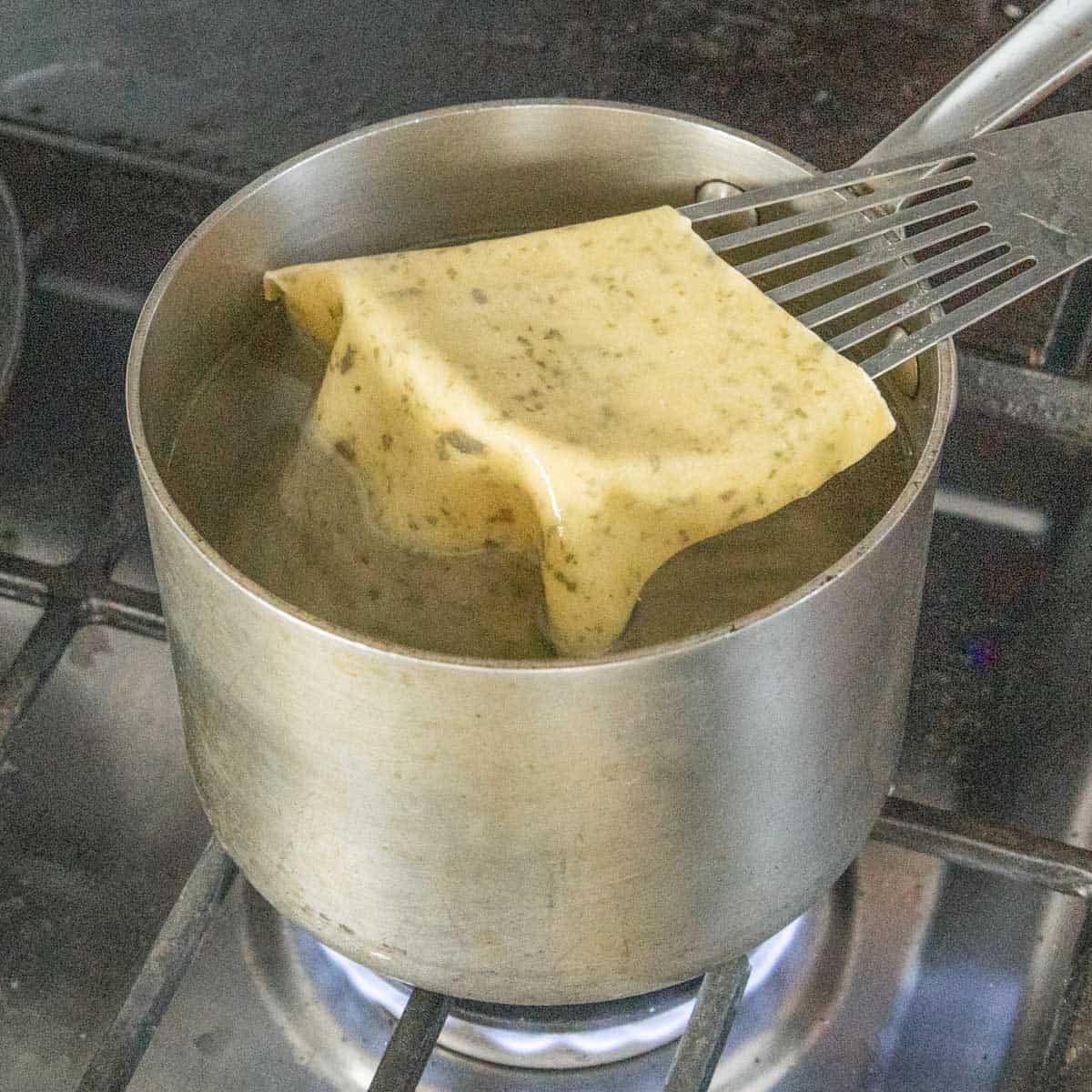 removing a sheet of pasta from a pot 