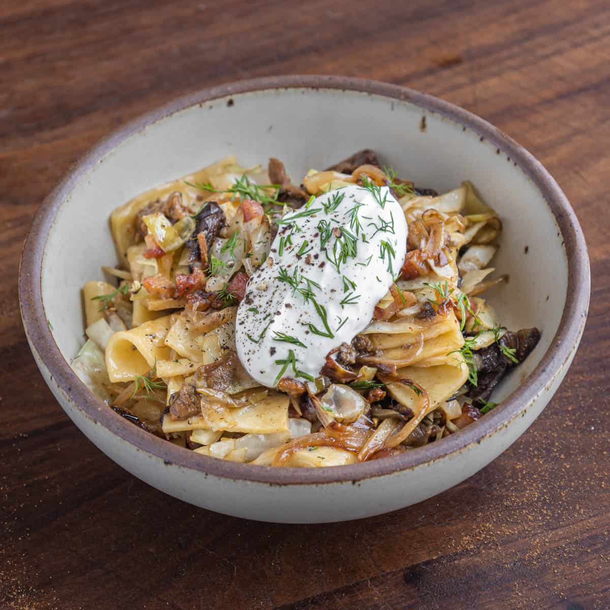 a bowl of Polish lazanki pasta with borovik mushrooms, fried onions, bacon and sour cream.