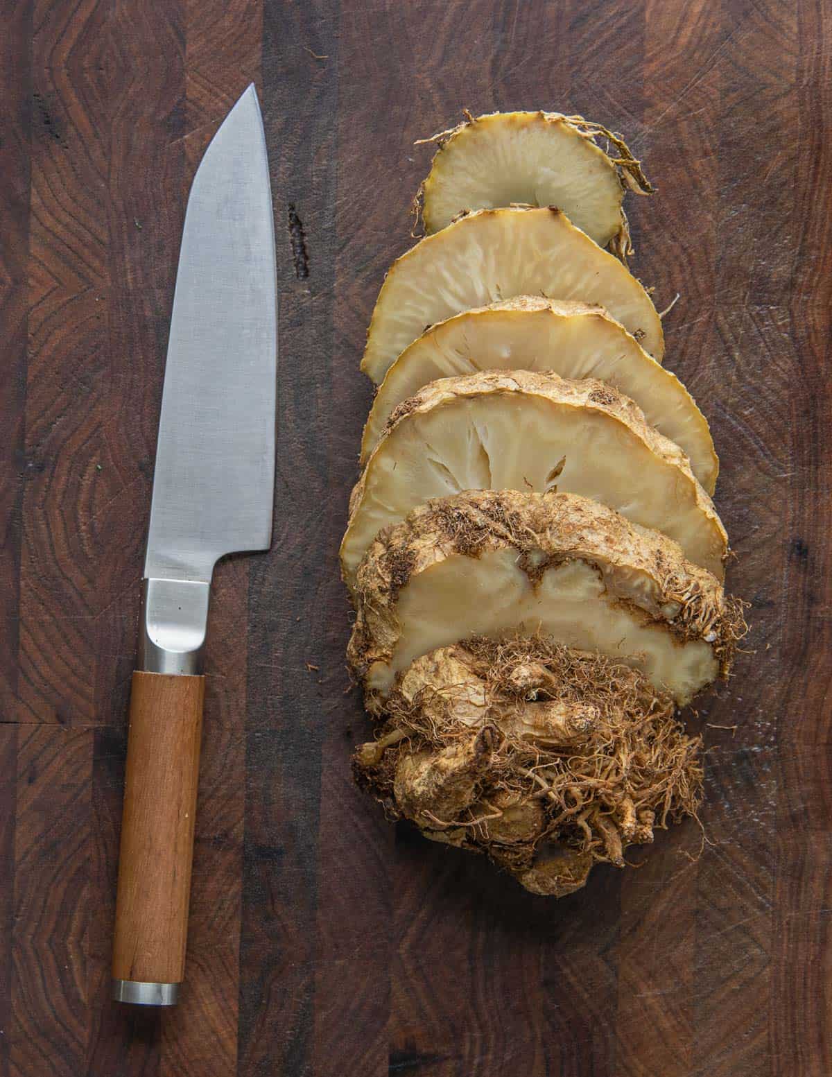 sliced, cooked celery root