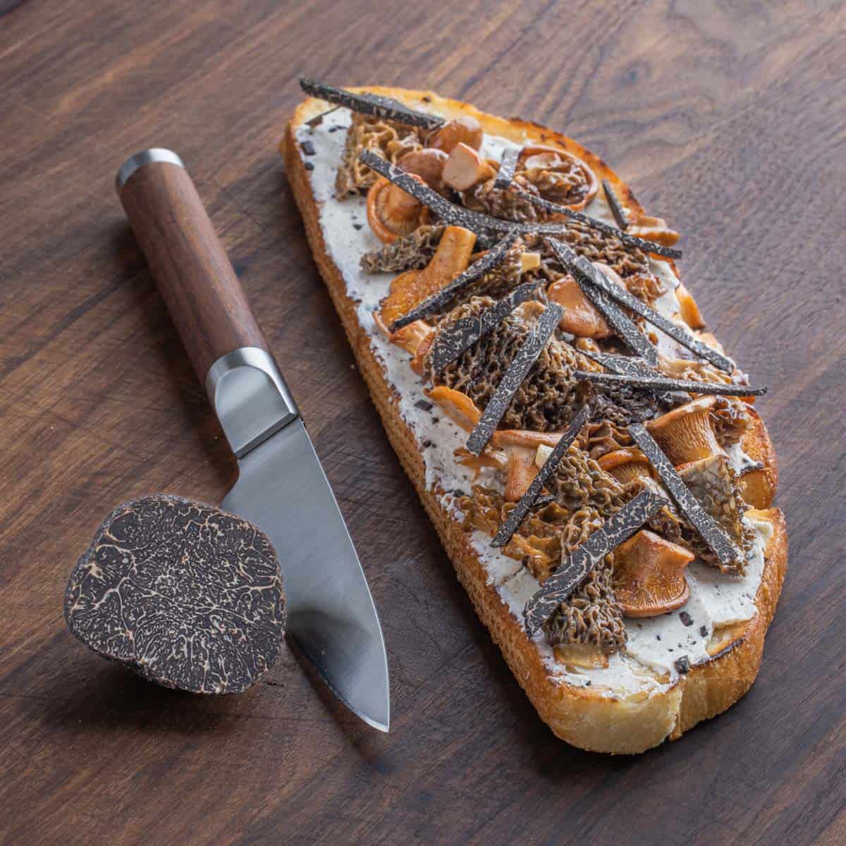 Sauteed mushrooms on toast with truffles with a knife and whole truffle.