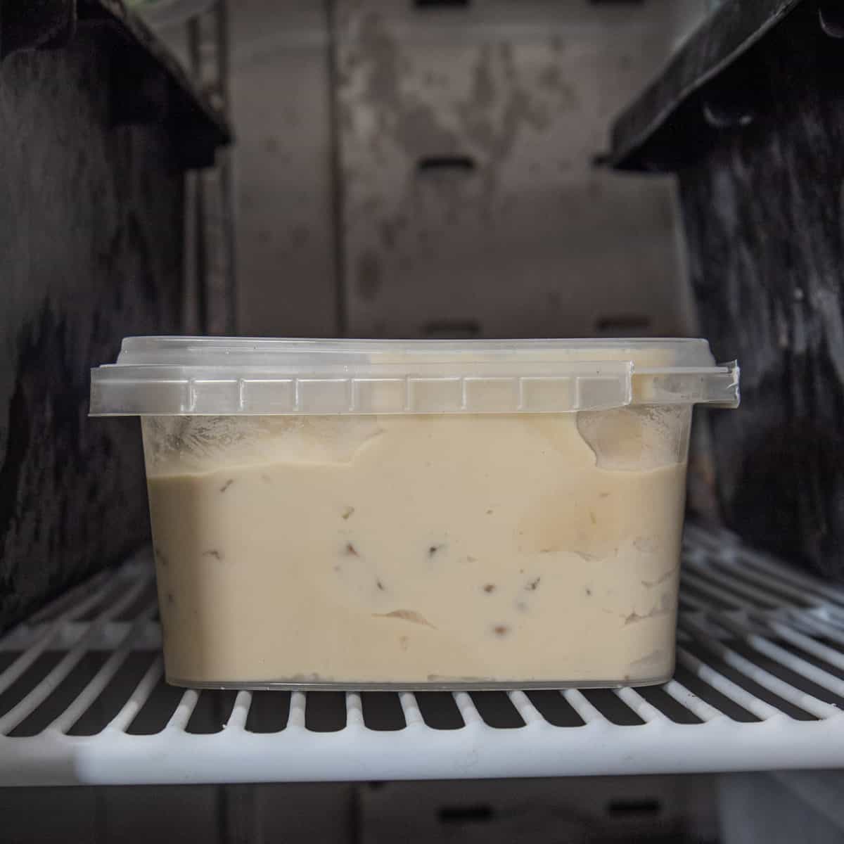 Freezing black walnut ice cream in a plastic container.