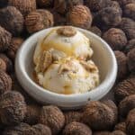 a scoop of black walnut ice cream surrounded by black walnuts