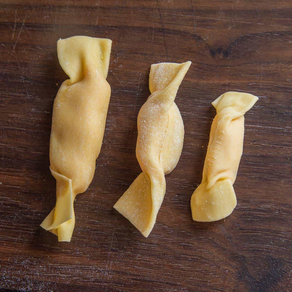 three sizes of caramelle pasta 
