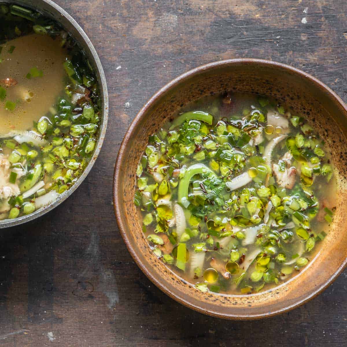 dryad saddle broth with spring vegetables. 