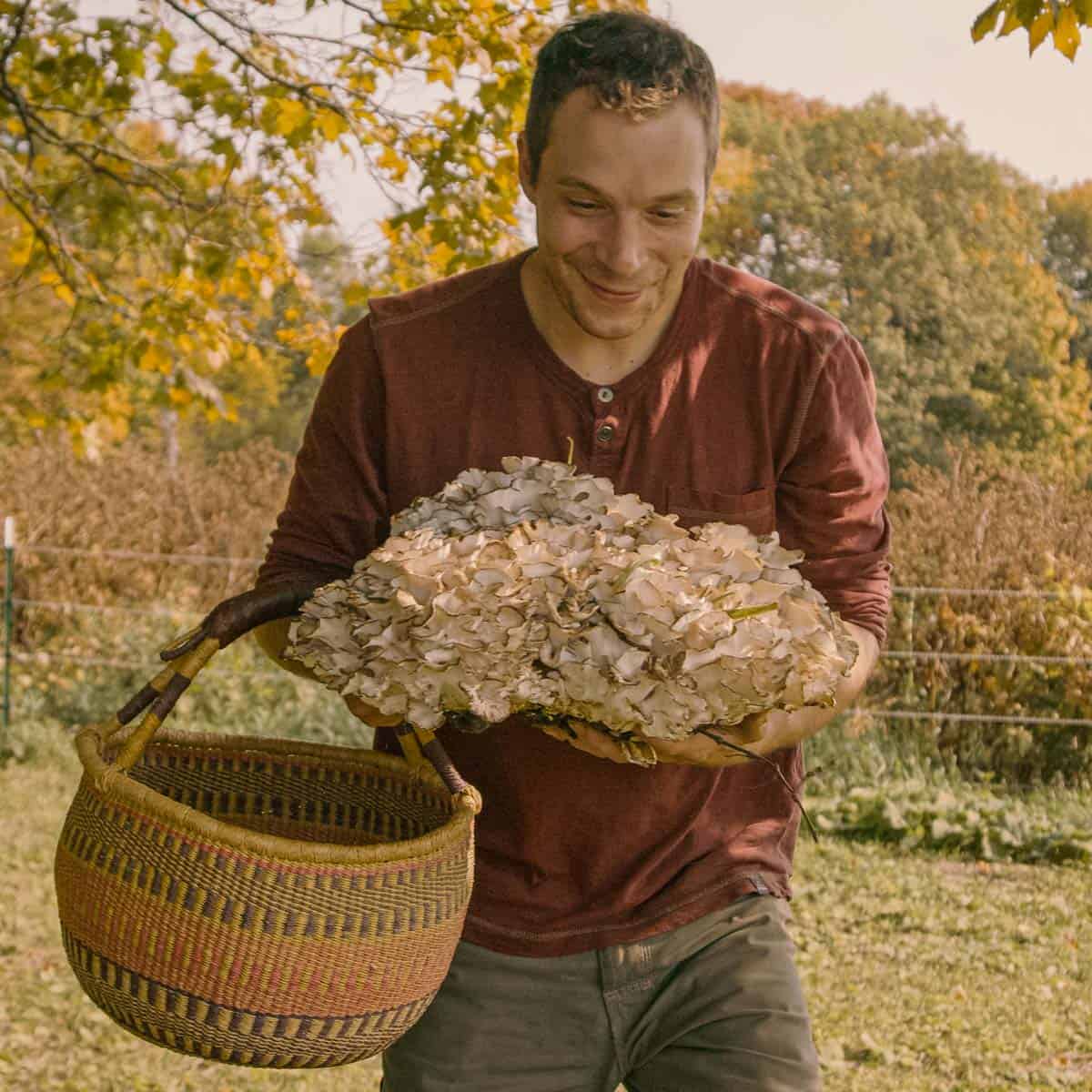 Chef Alan Bergo walking out of the woods with a large hen of the woods mushroom and a basket.
