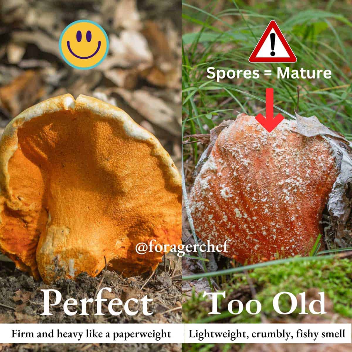 old vs young lobster mushrooms side by side for identification.