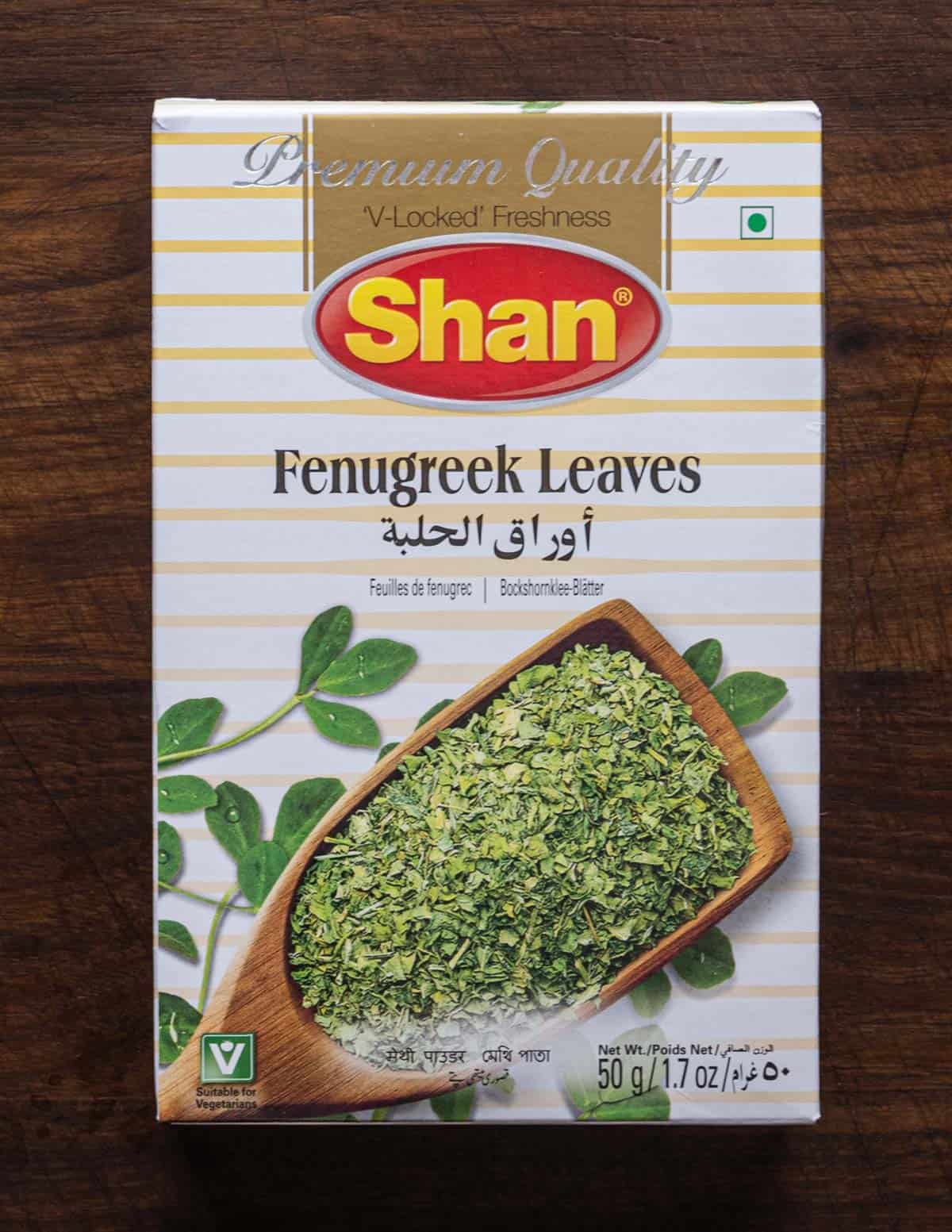 A box of Shan brand fenugreek leaves. 