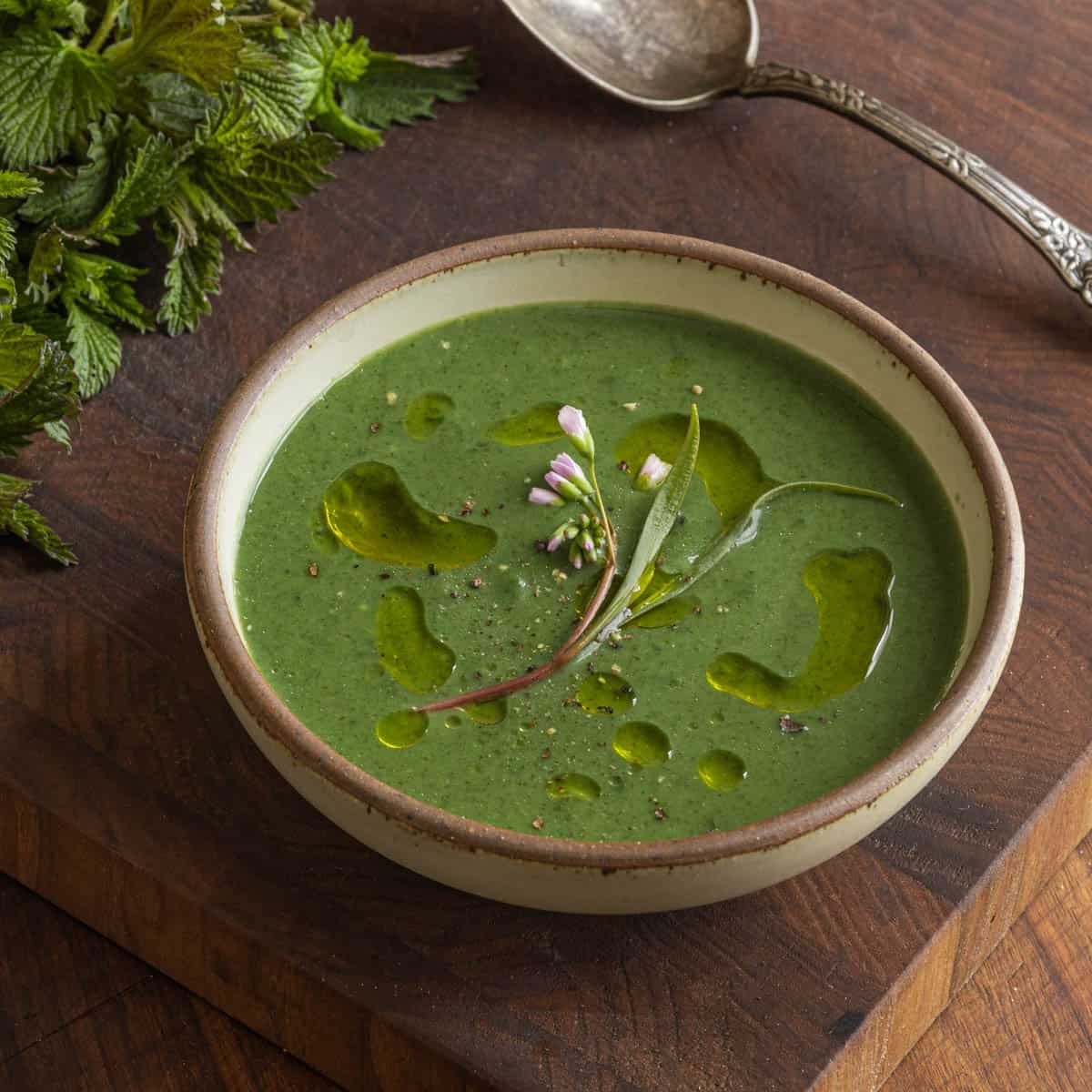 a bowl of dark green stinging nettle soup garnished with spring beauty on a cutting board next to fresh nettle greens.