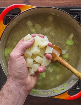 A top-down image of adding a handful of cooked potatoes to a pot of soup.
