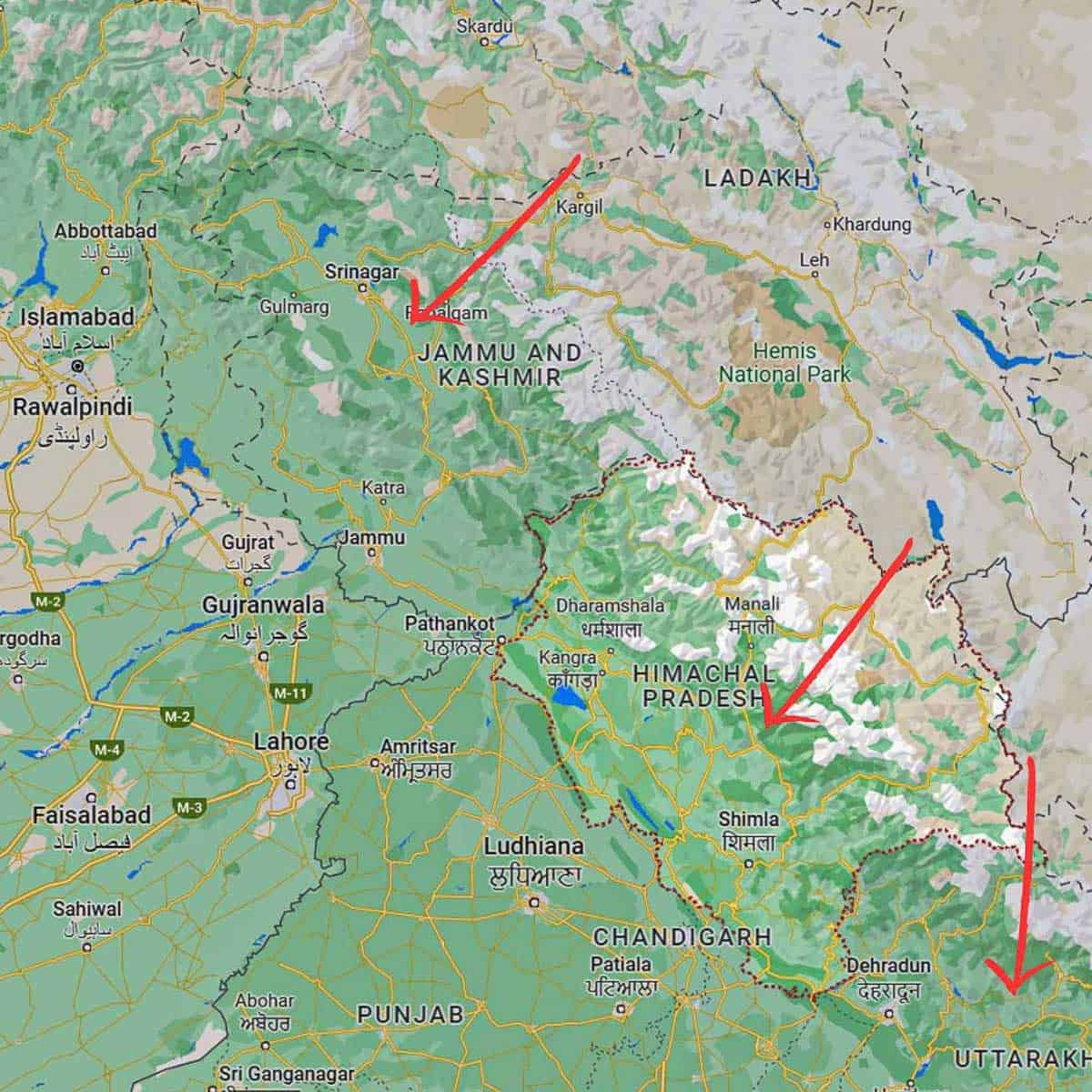 A map of Northern India showing areas where gucchi Himalayan mushrooms are harvested. 