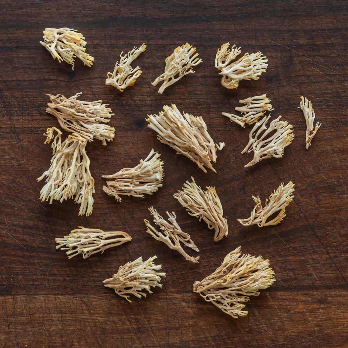 cleaned clusters of crown coral mushrooms laid out on  wood board. 