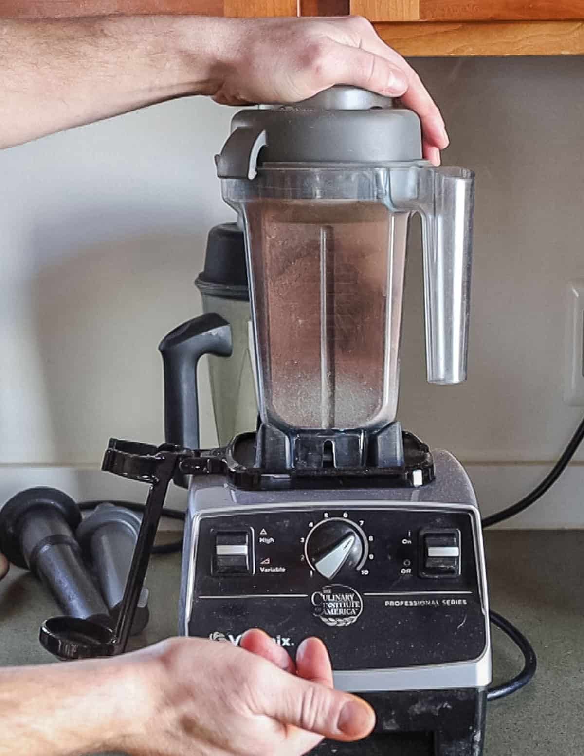 Grinding dock seeds in a vitamix blender to make flour.