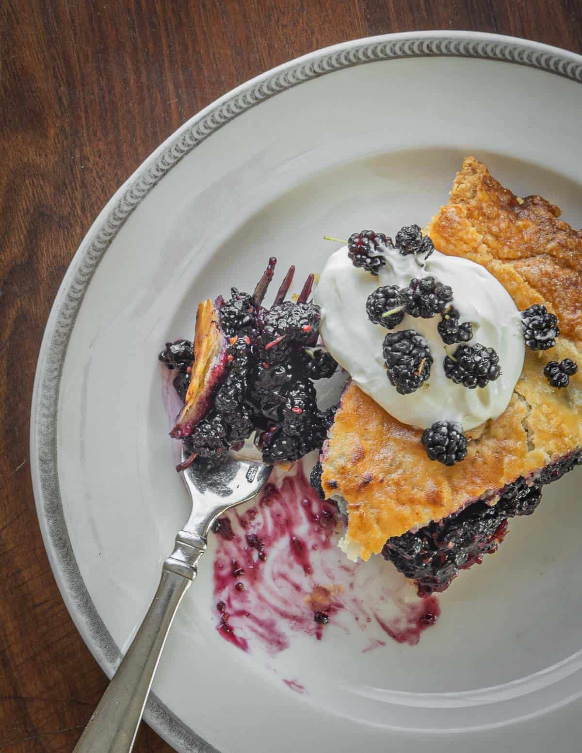 Eating a slice of mulberry pie garnished with whipped cream and fresh mulberries. 