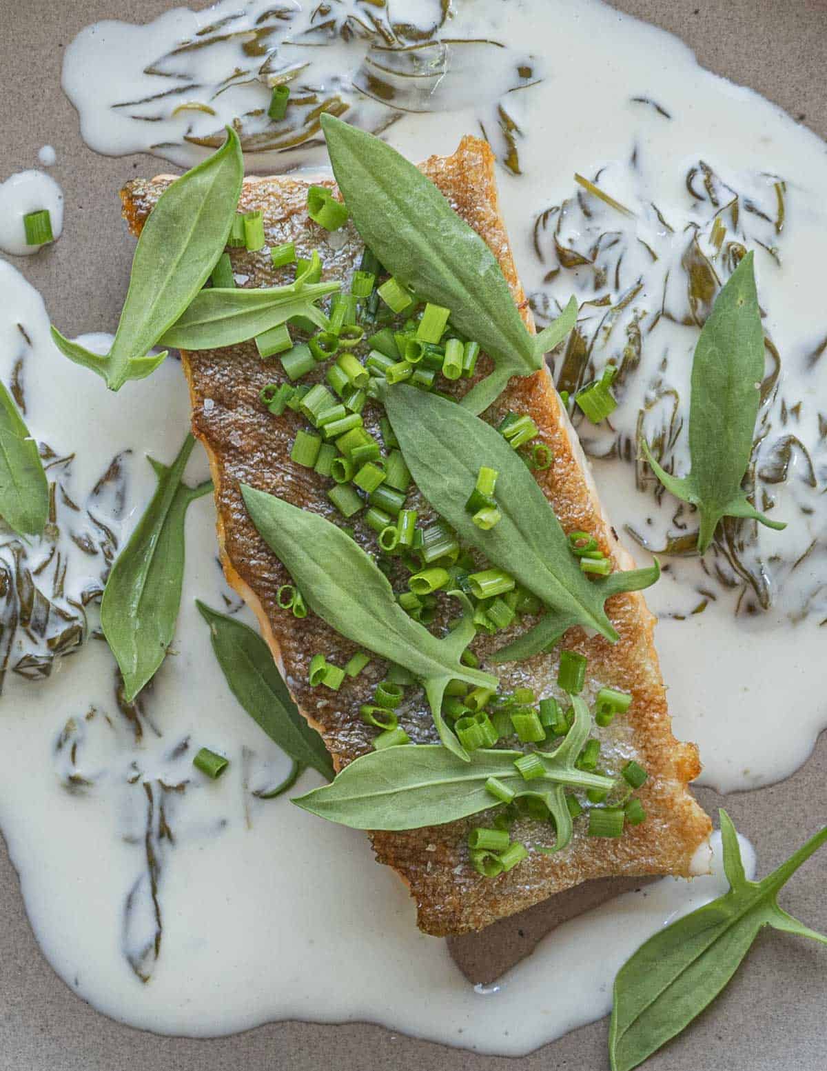 Lake trout or salmon with sorrel sauce, like the Trosgros. 