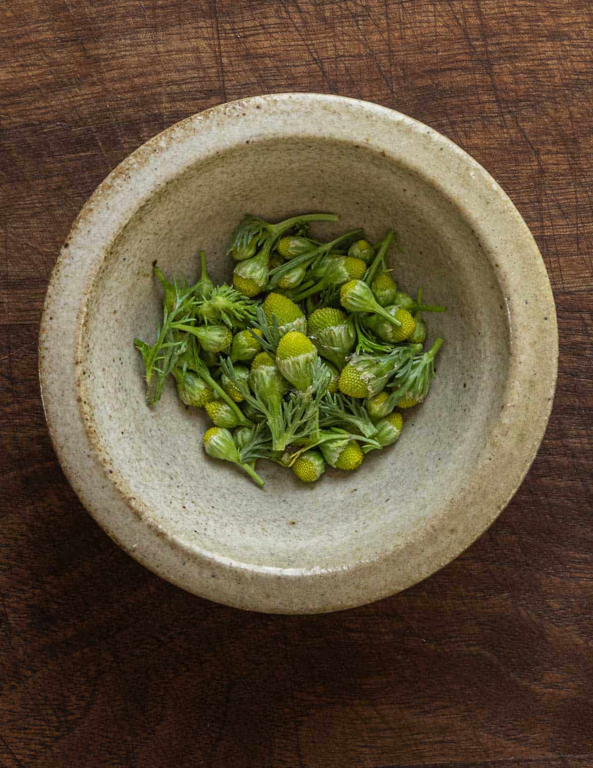 A bowl of pineapple weed flowers on a black walnut wood background. 