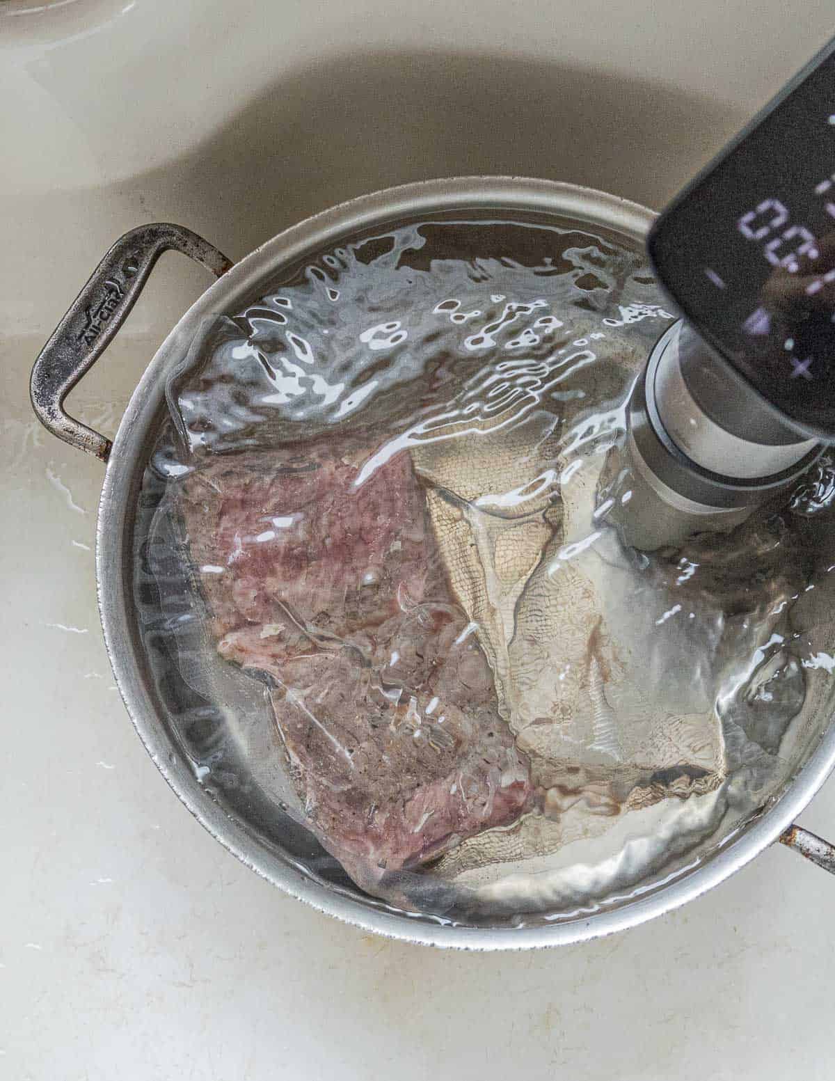 Cooking a wagyu steak sous vide.