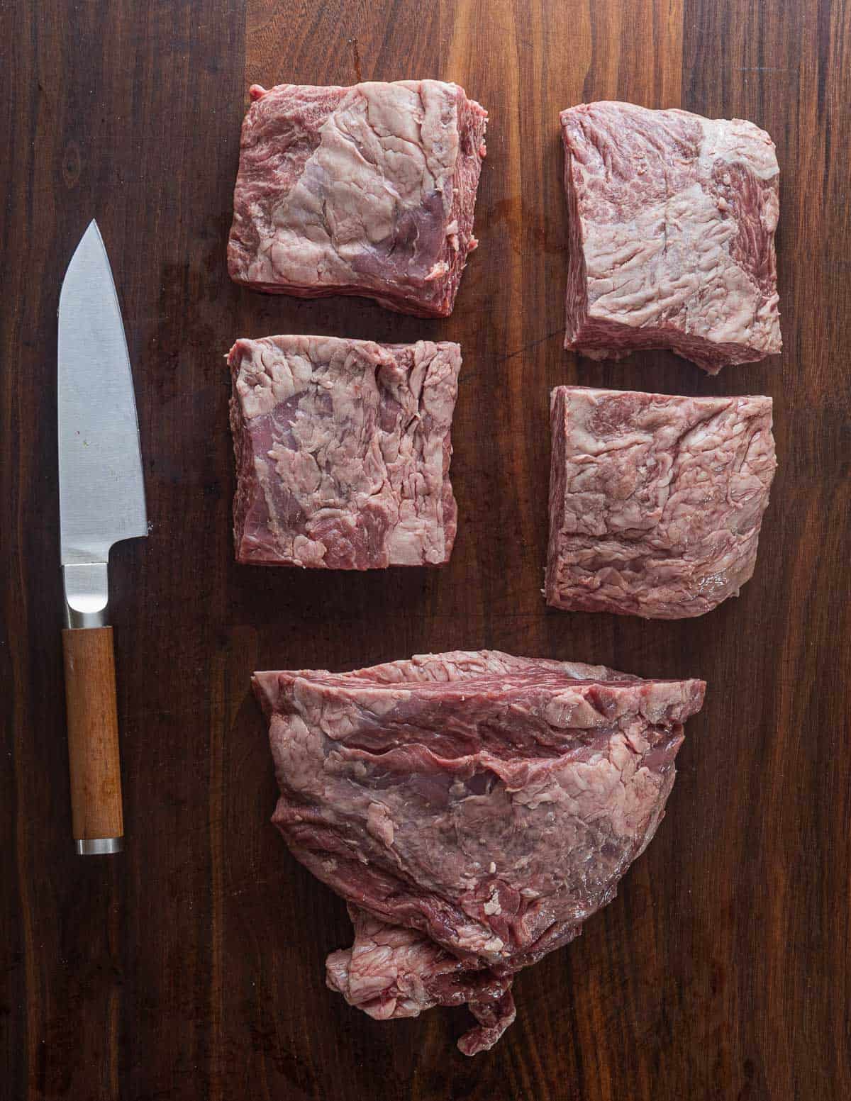 A whole bavette steak cut into 5 portions.