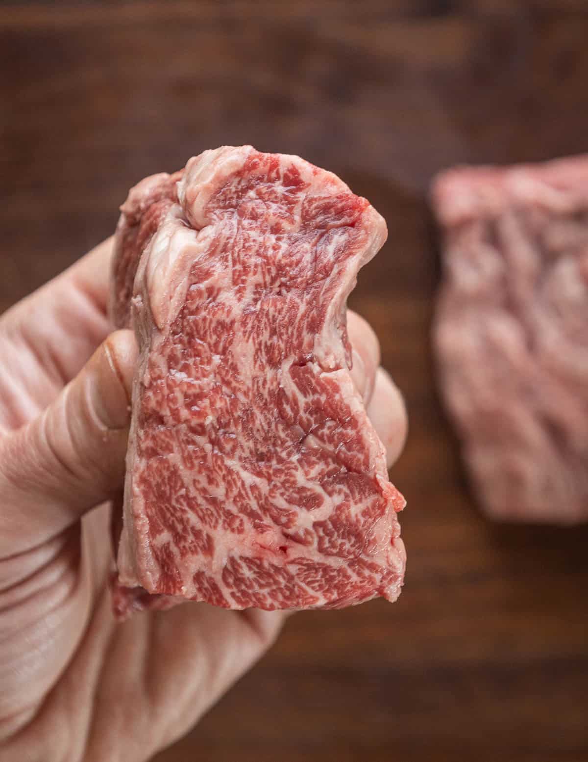 A hand holding a wagyu bavette steak showing marbling.