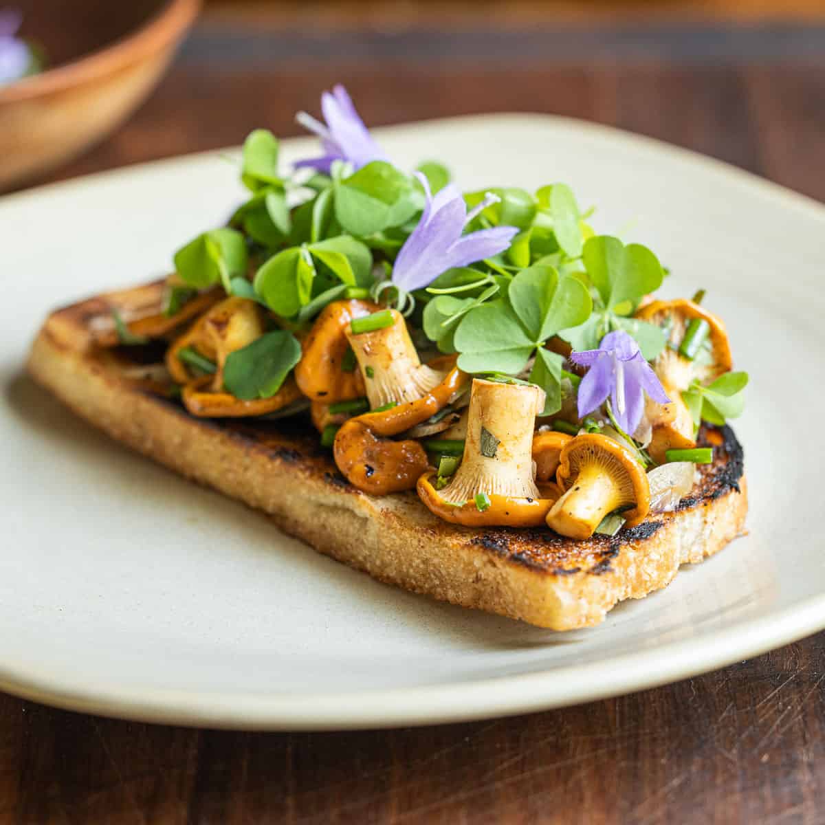 A piece of grilled bread topped with chanterelles, shallots, herbs and wood sorrel. 