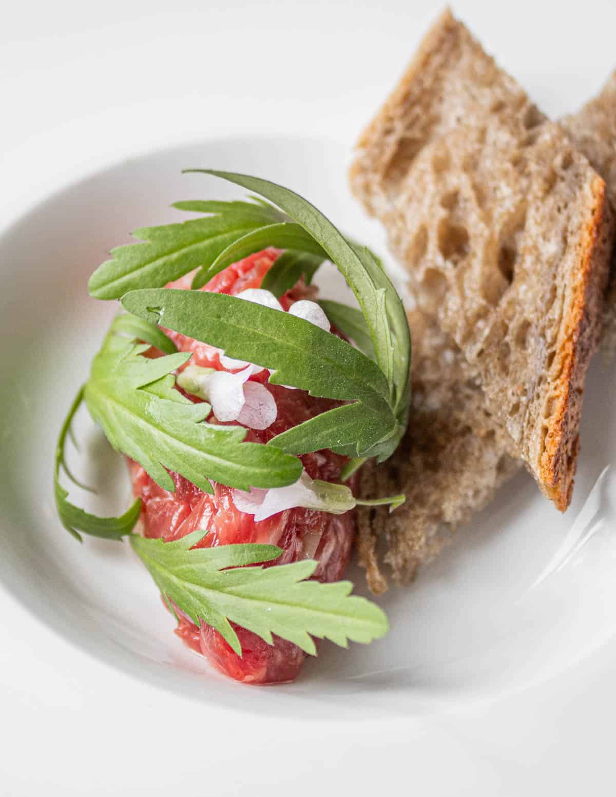 Goat tartare on a plate surrounded by toothwort leaves and flowers. 