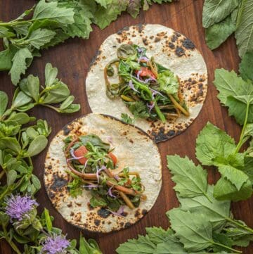 Grilled corn tortillas filled with cooked quelites surrounded by plants and flowers.