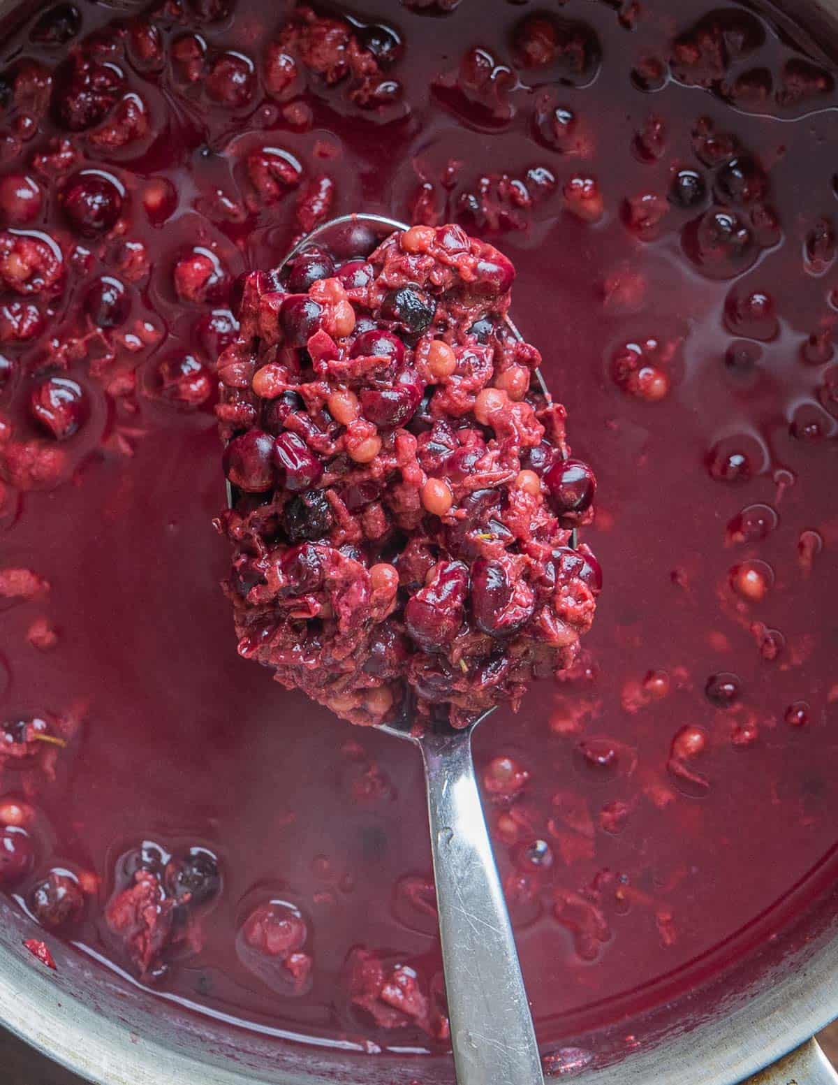 A spoonful of mashed, cooked wild cherries. 