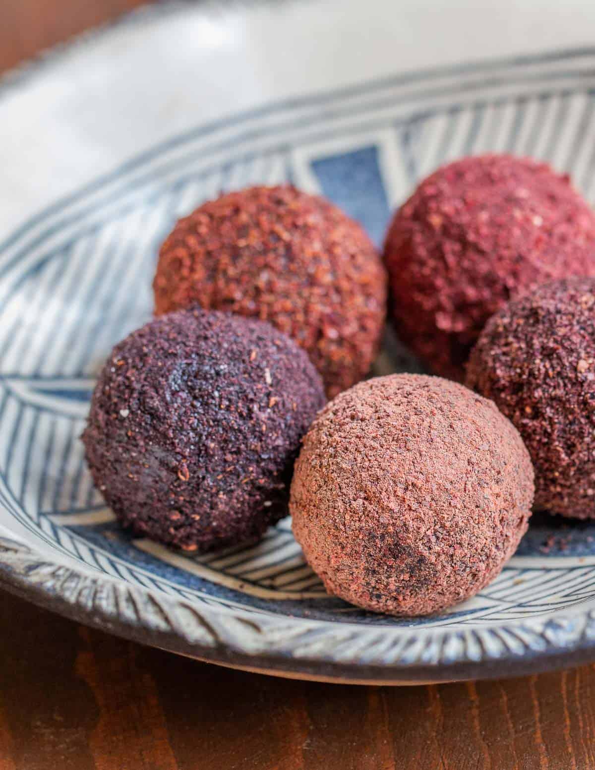 Truffles made from dehydrated wild blueberries and other fruits. 