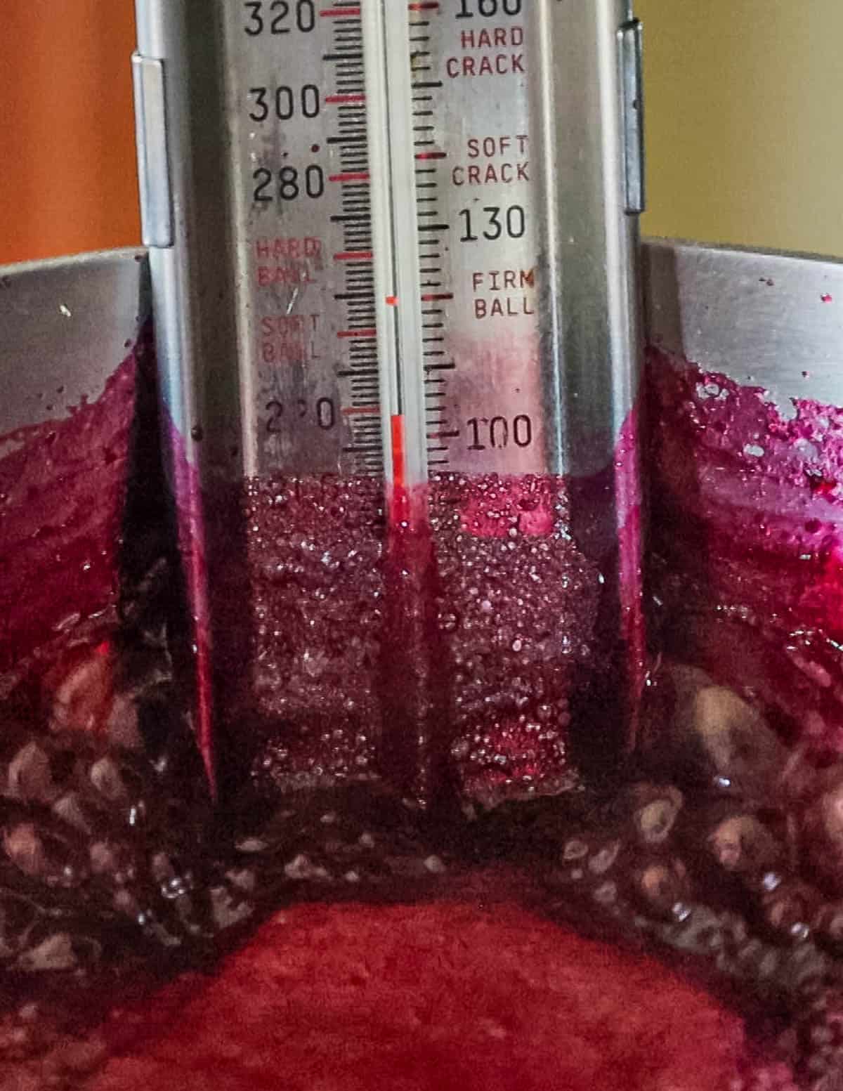 A thermometer showing the temperature get to 220 F. 