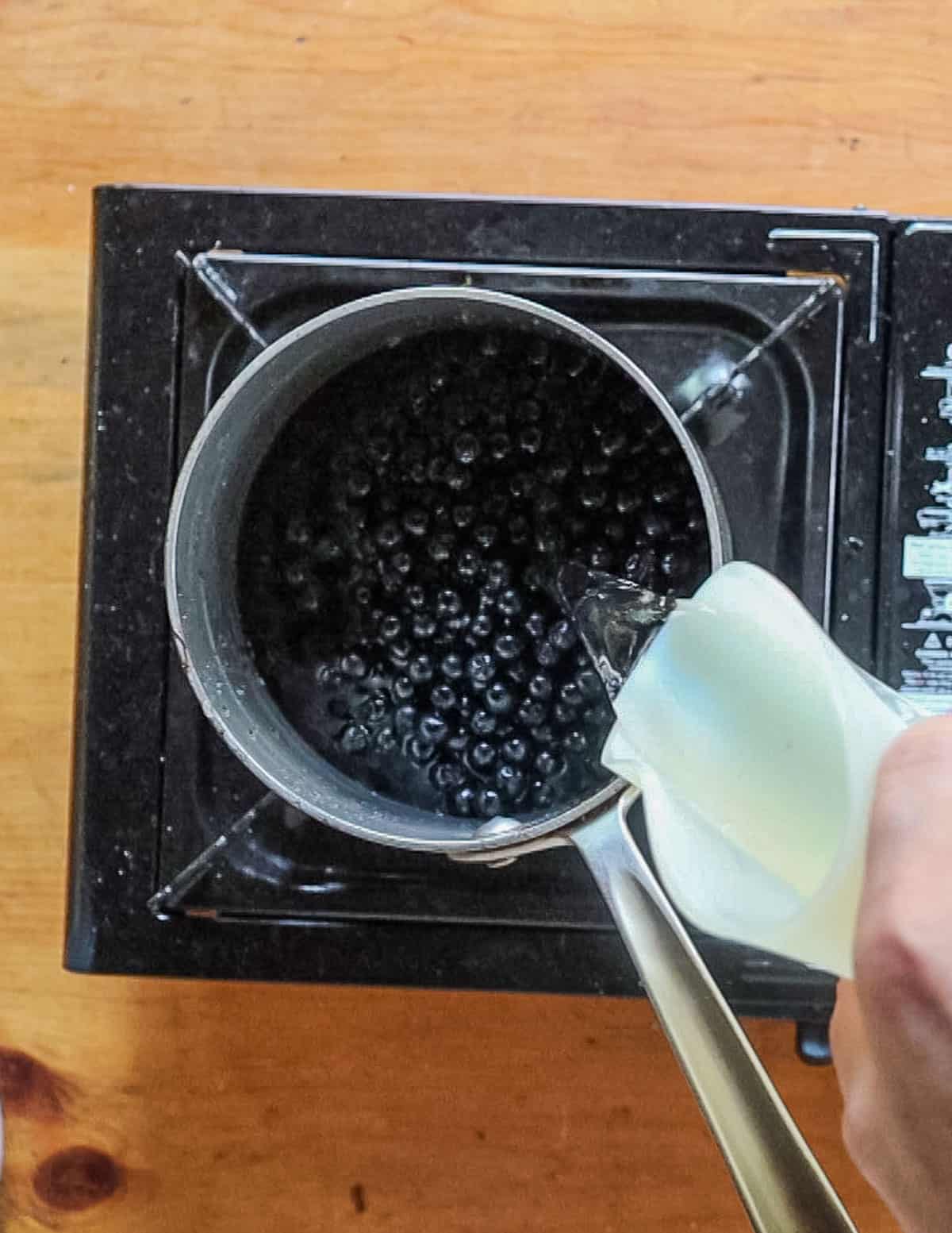 Adding water to aronia berries in a pot. 