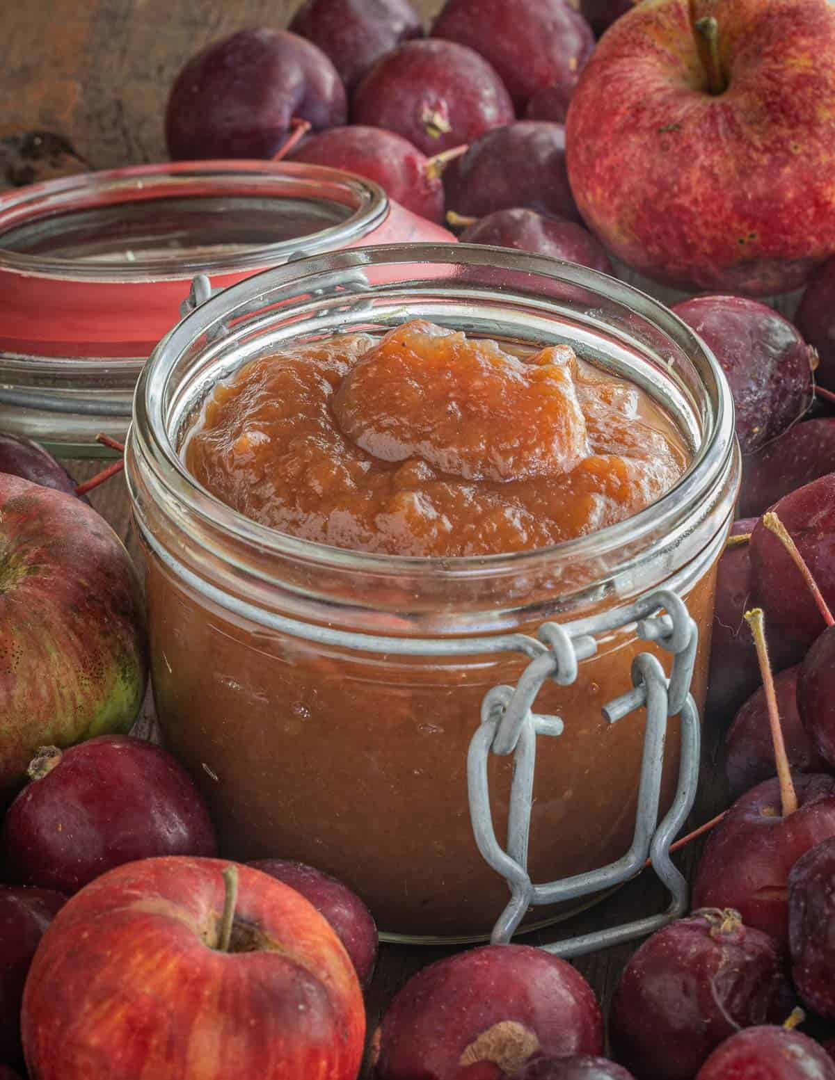 A jar of crabapple butter surrounded by a variety of wild crabapples. 