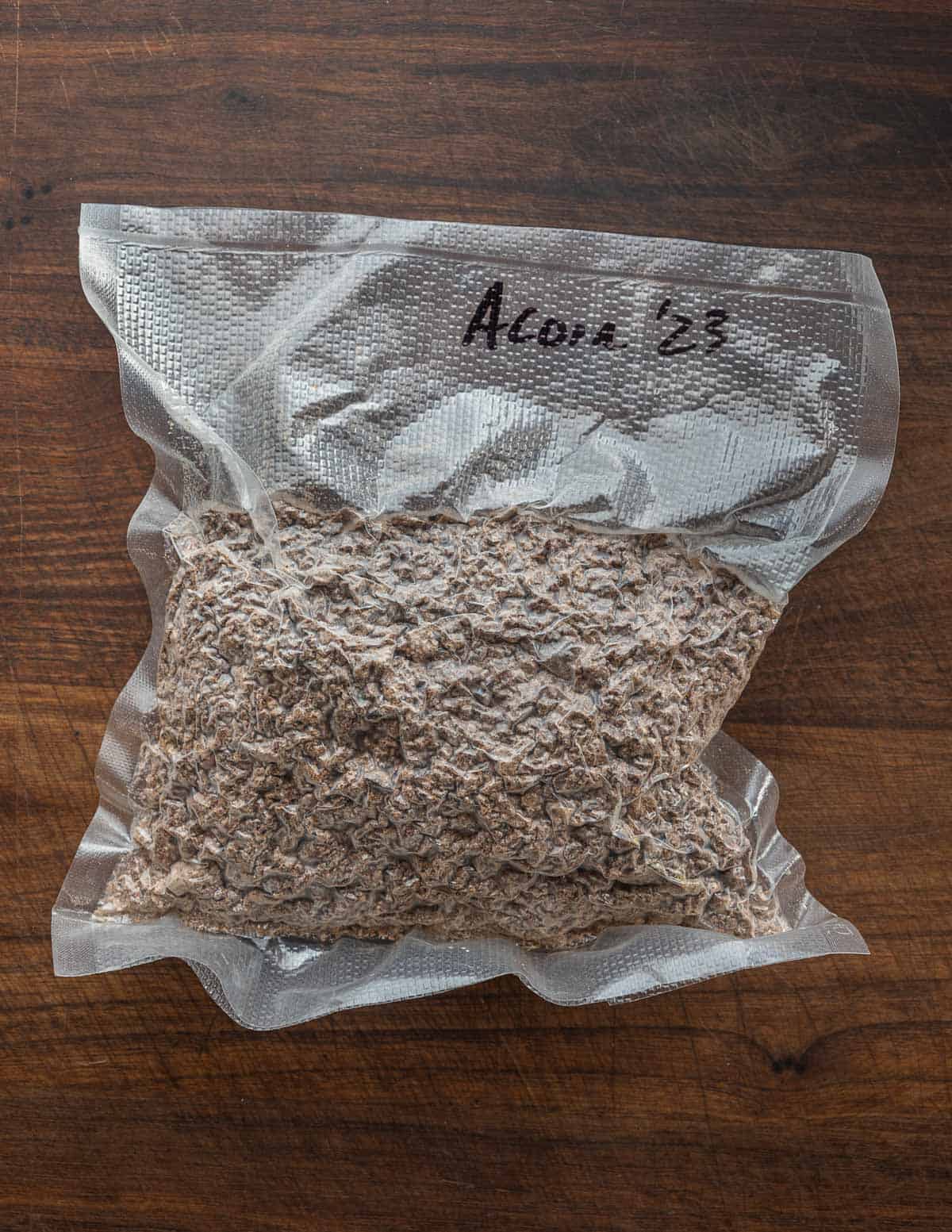 A bag of frozen acorn flour vacuum sealed. 