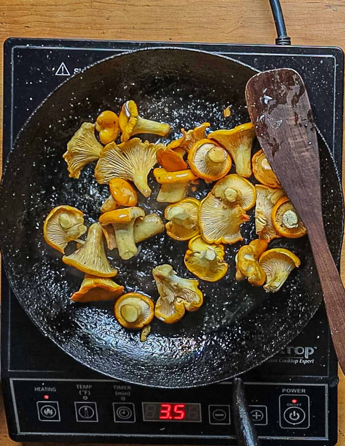 Cooking chanterelles in a kehoe carbon steel pan. 