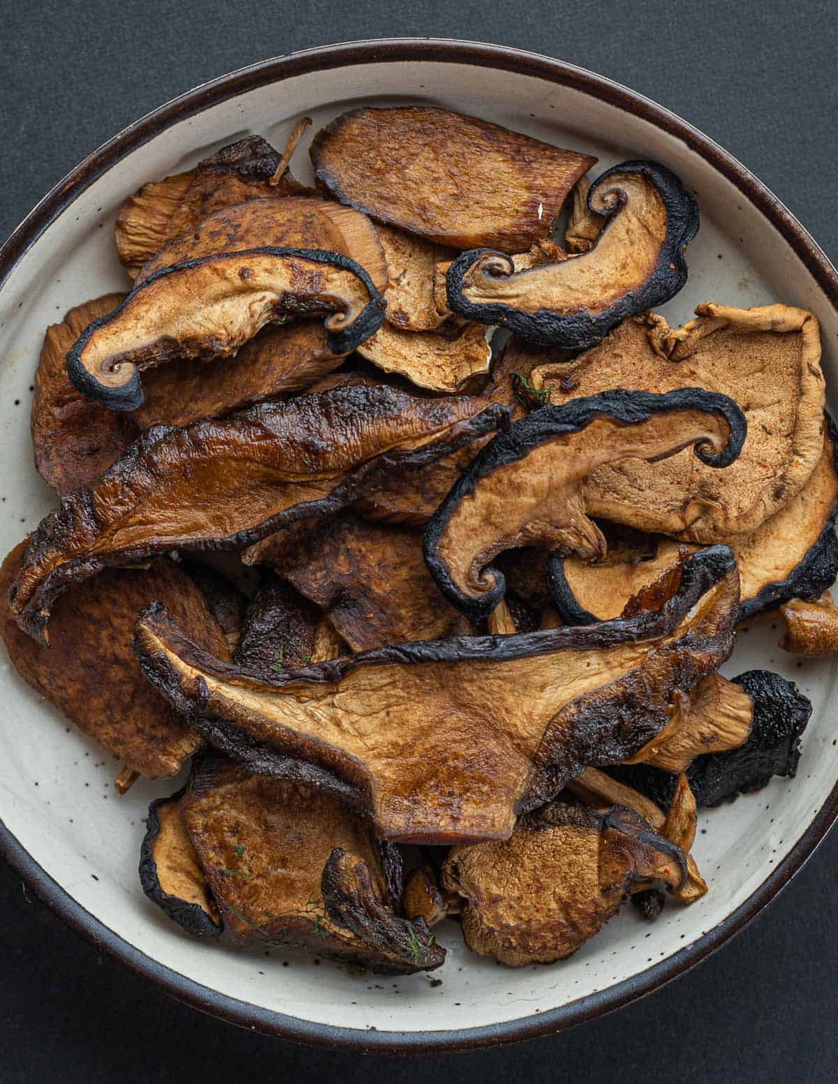 Porcini, puffball, and oyster mushroom jerky on a plate. 