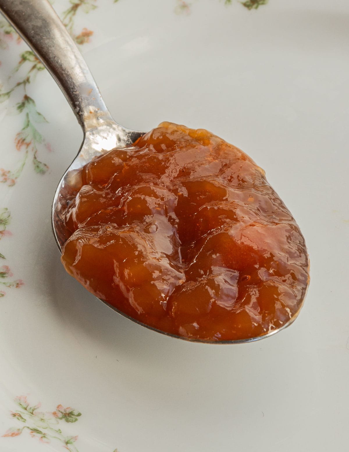 A spoonful of jelled remoulage stock on a china plate. 