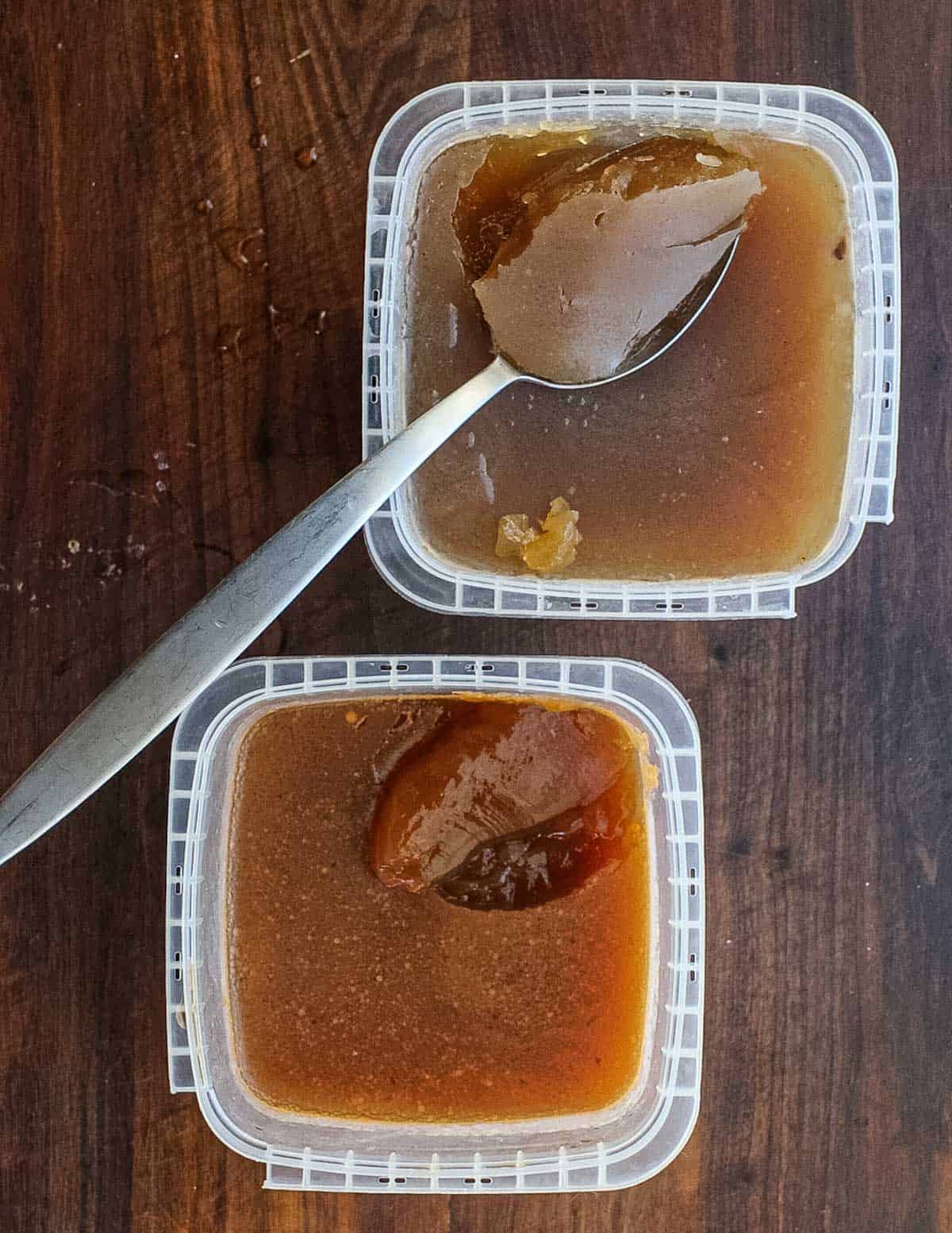 A top down image of venison bone broth and venison remoulage stock. 