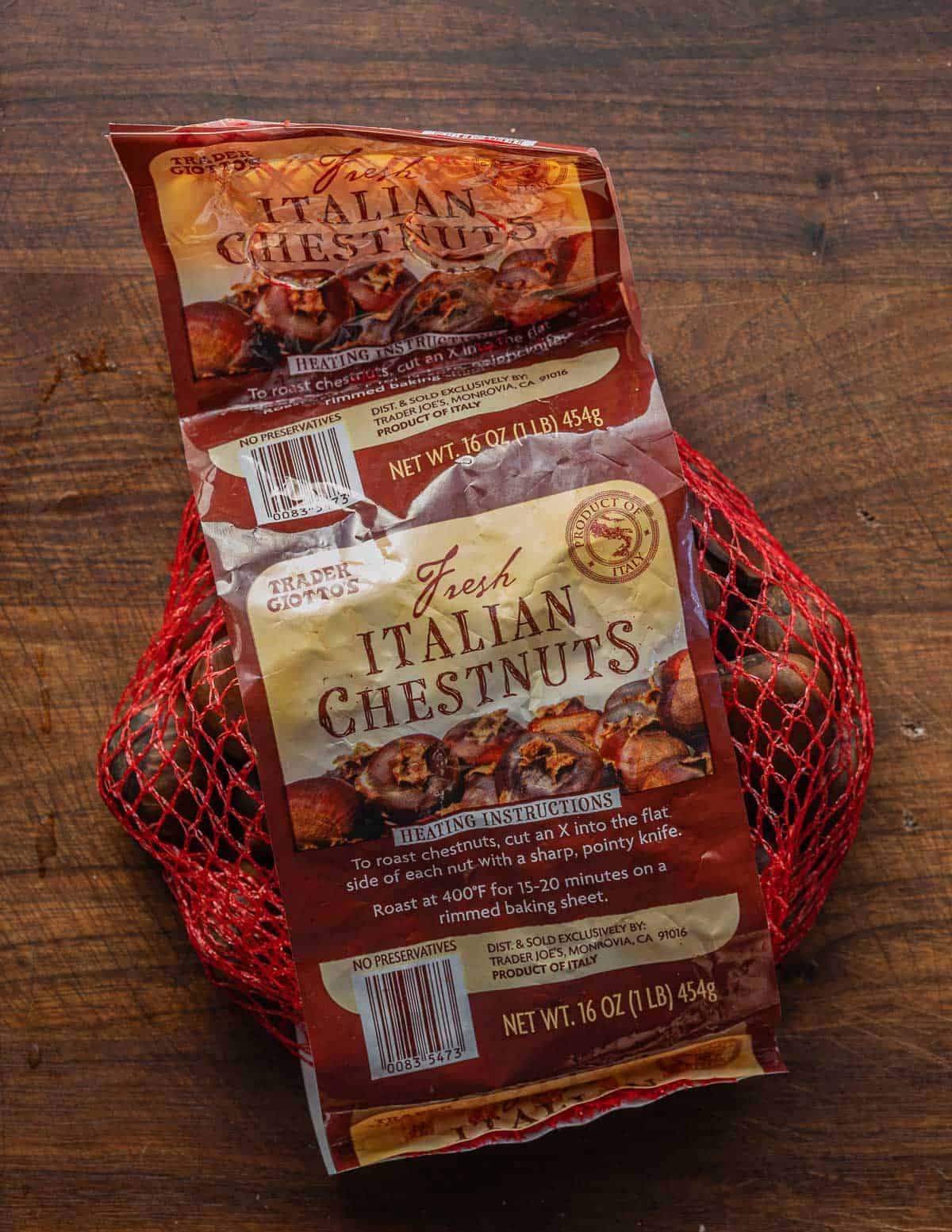 A bag of Trader Joes Italian Chestnuts.