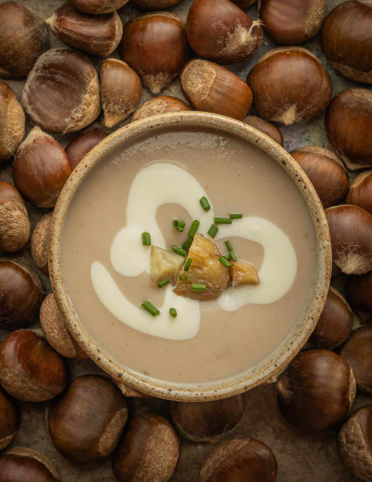A top down image of a bowl of chestnut soup garnished with chopped chestnuts, whipped cream and chives surrounded by fresh unshelled Chinese chestnuts.